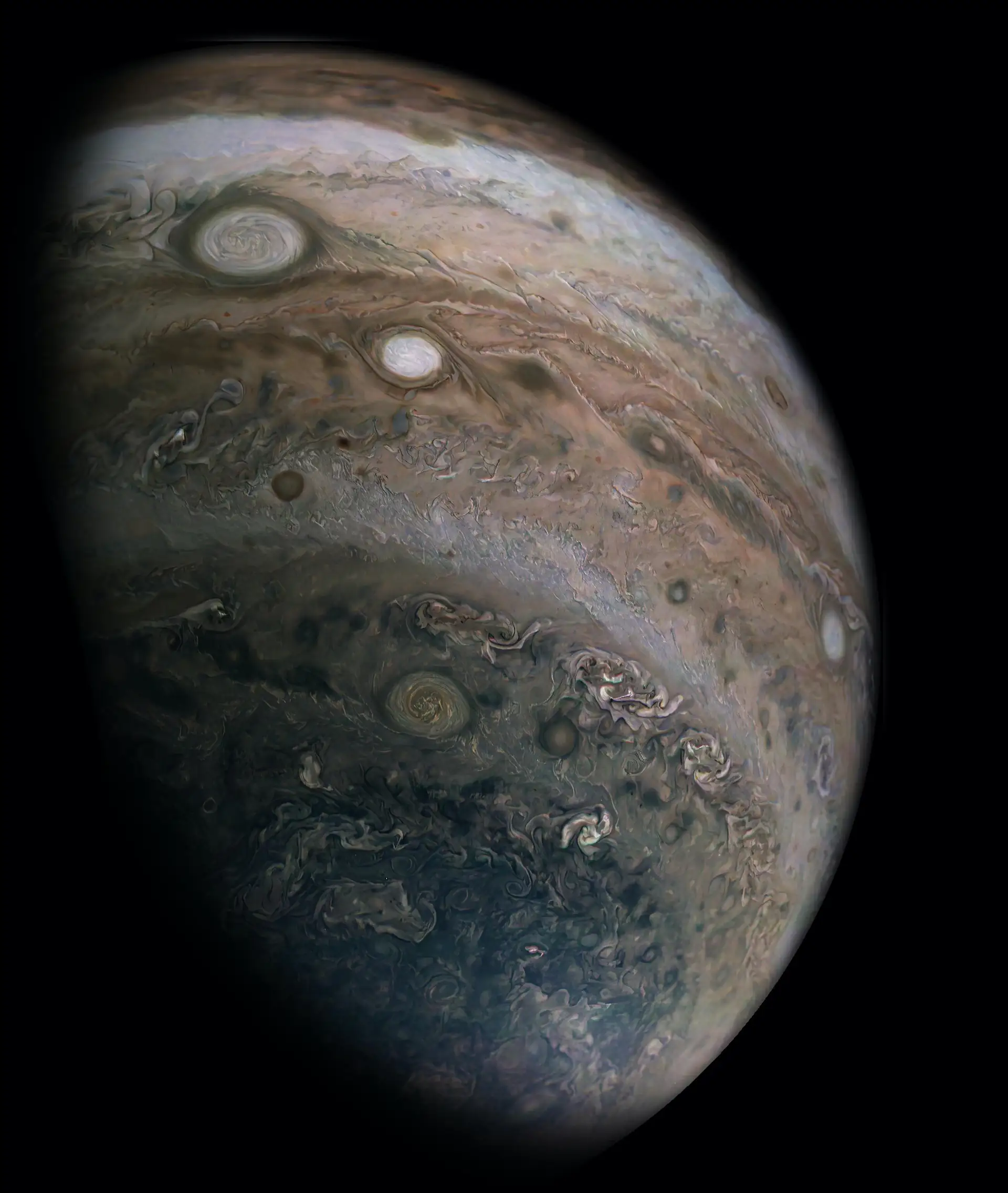Storms across Jupiter's southern hemisphere, photographed by the Juno probe