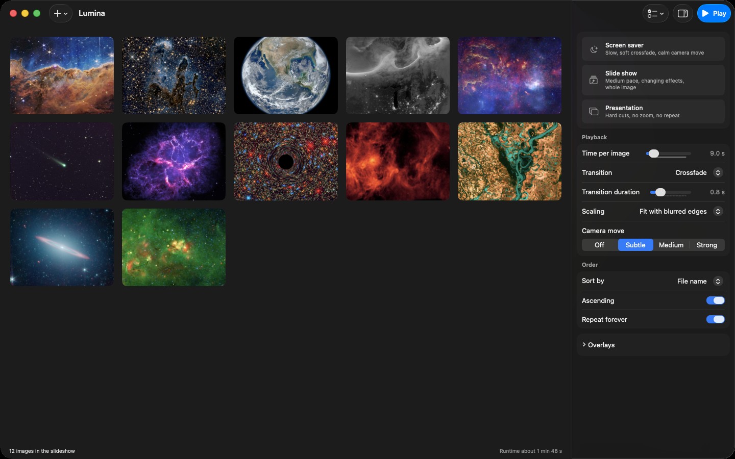 Lumina library window: a grid of space photographs next to a sidebar with playback settings for transitions, timing, scaling and camera move